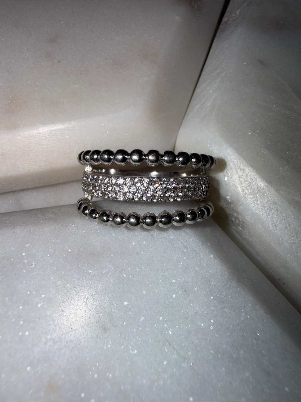 Sterling Silver Pavé & Beaded Stacking Ring - Silver